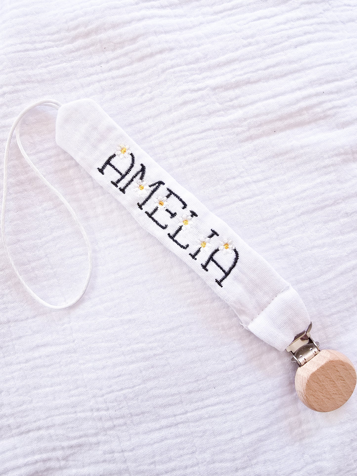 Personalised Daisy Embroidered Dummy Clip