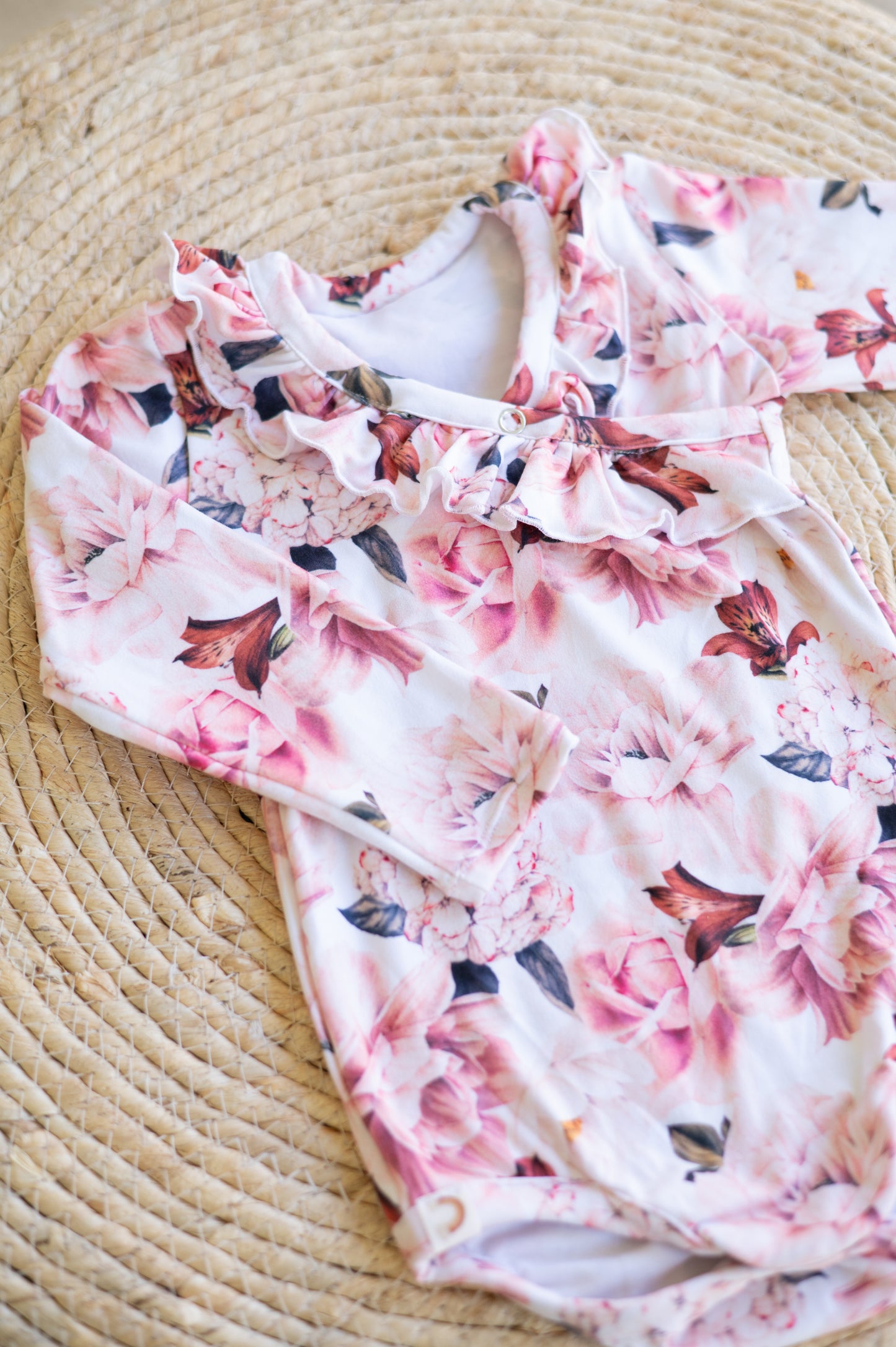 Cross Over Frilly Bodysuit- Pink and White Peonies