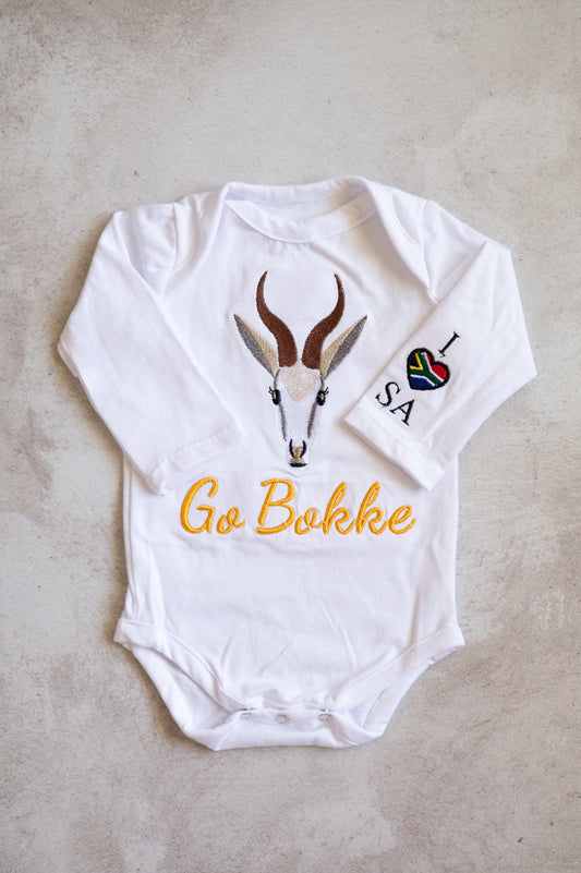 Embroidered Bom squad Bodysuit/T-Shirt (White/ Bottle Green)