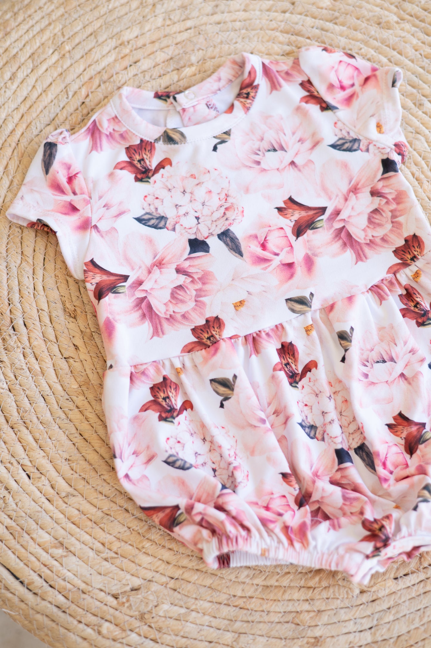 Peter Pan Romper- Pink and White Peonies