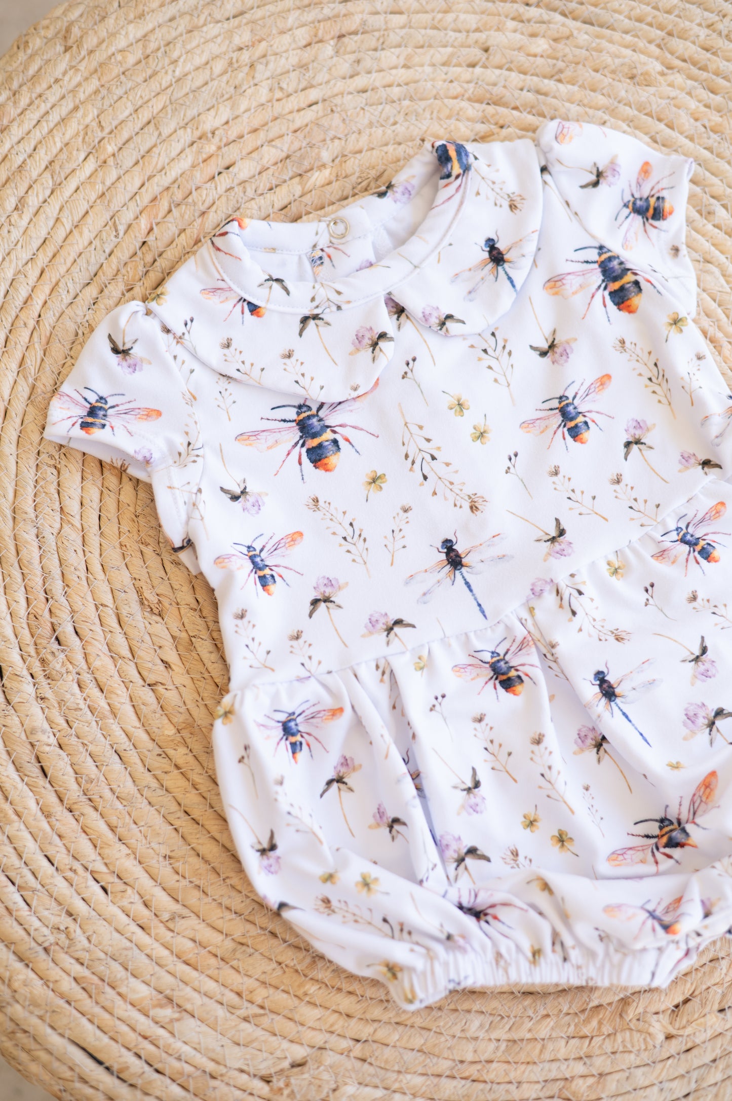 Peter Pan Romper with Collar- Bees and Wildflowers