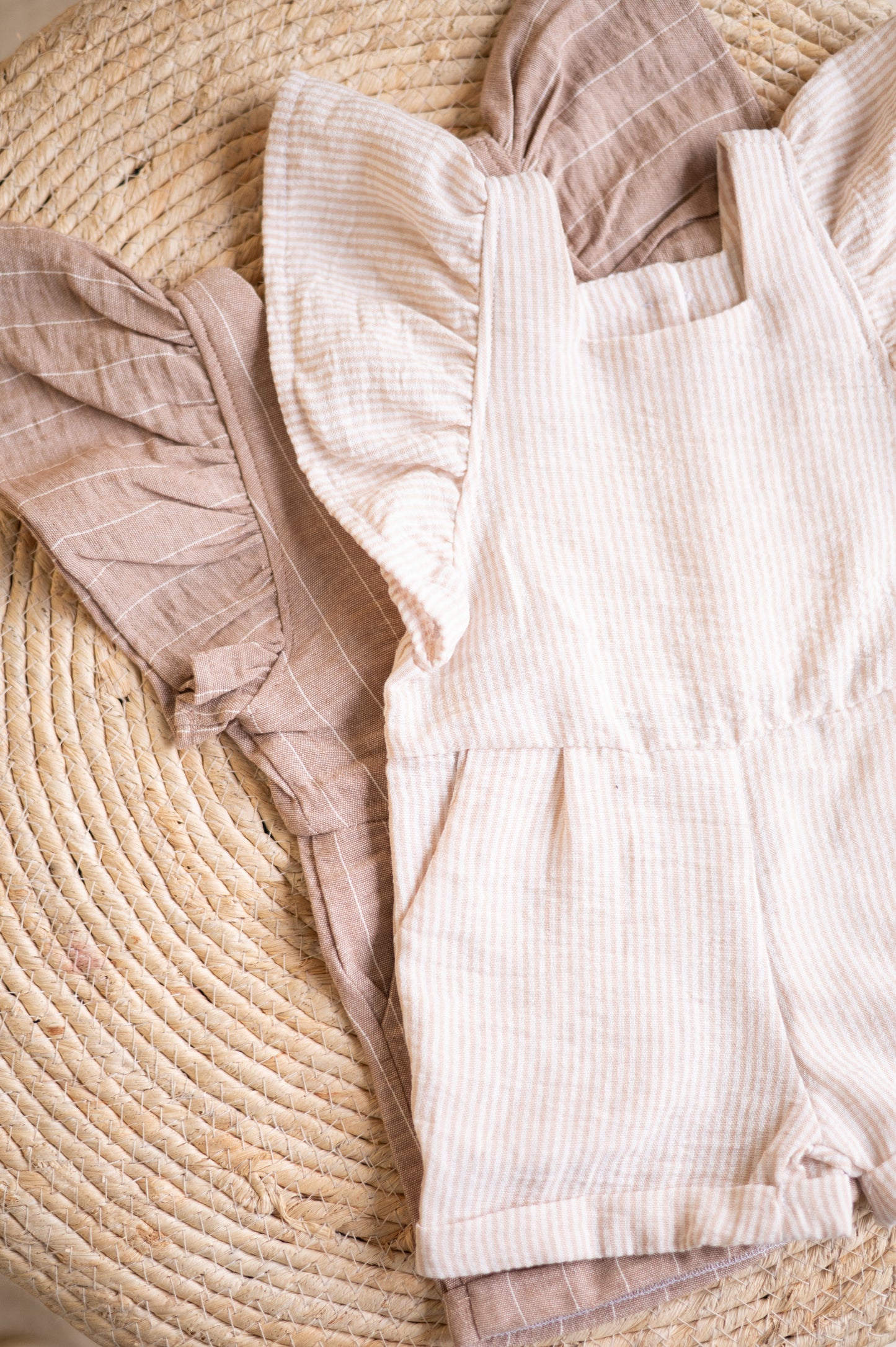 Kayla Romper-Beige and White Stripes