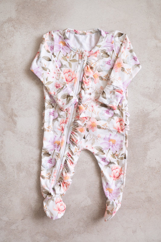 Frilly Zip suit with frilly bums- Plush Petals