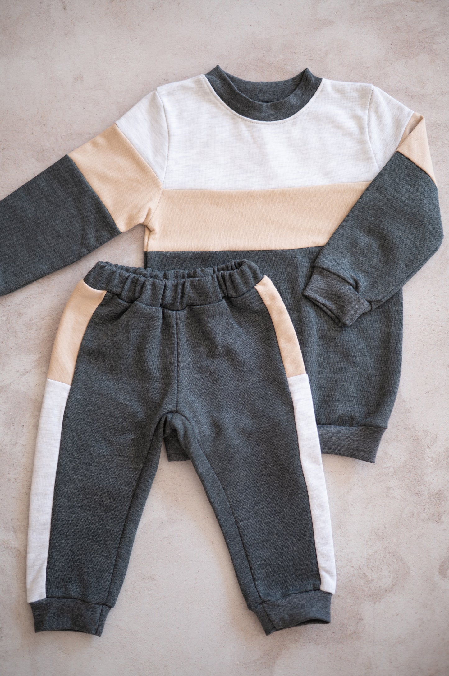 Color block Tracksuit set- Charcoal, Stone & Grey Melange
