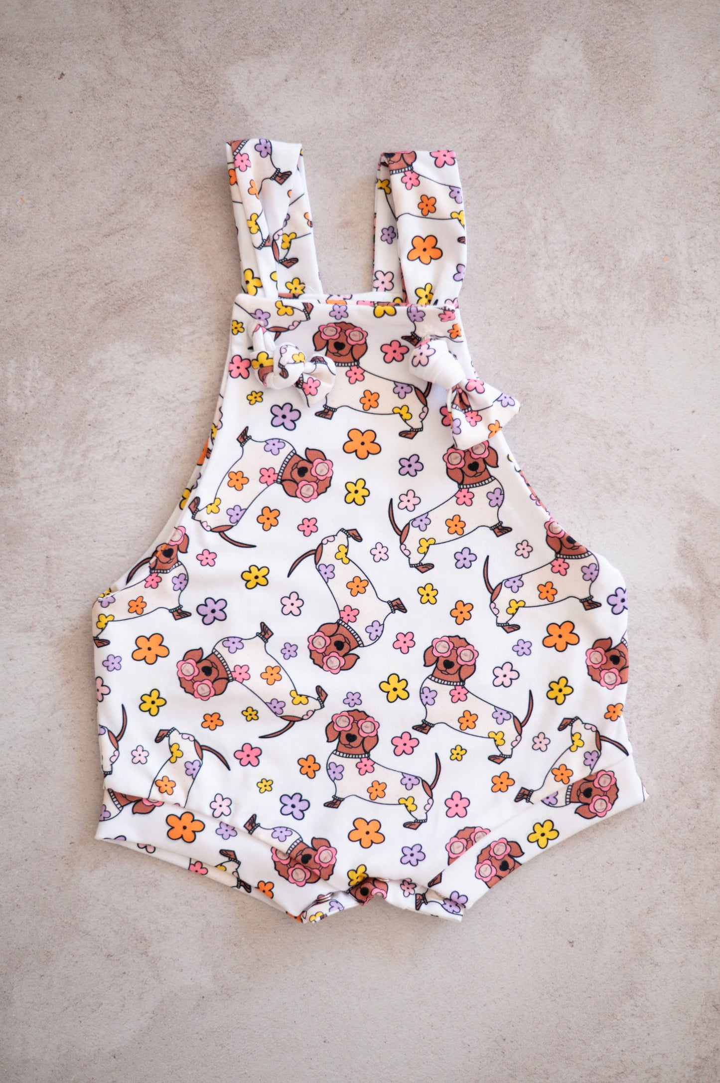 Overall Romper- Floral Duchshund