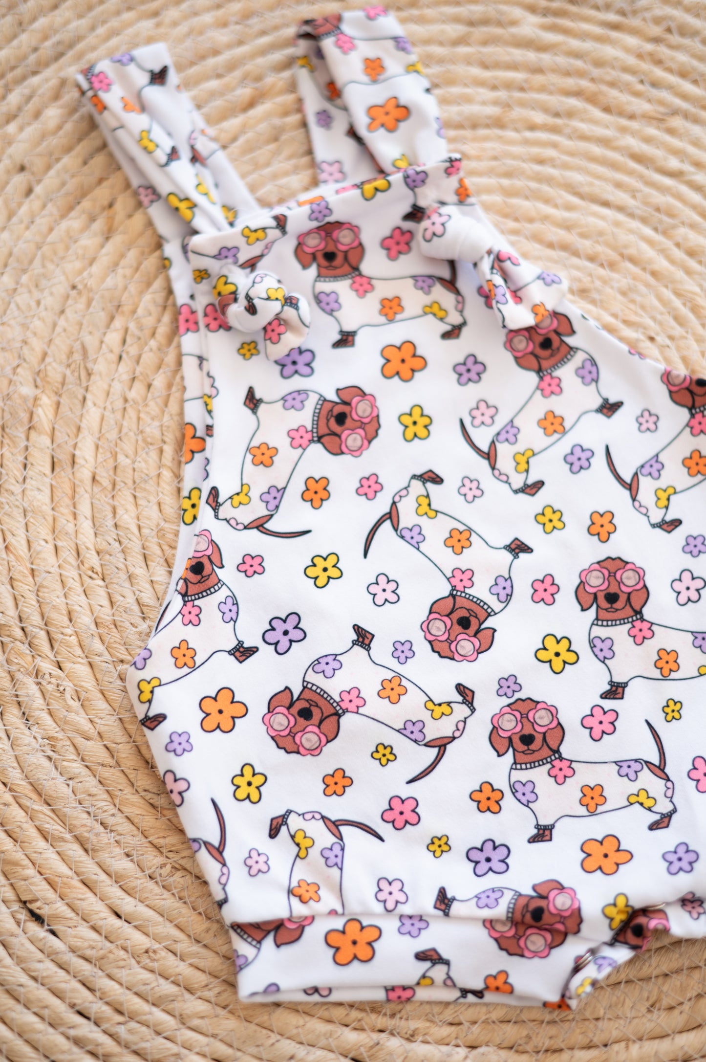 Overall Romper- Floral Duchshund