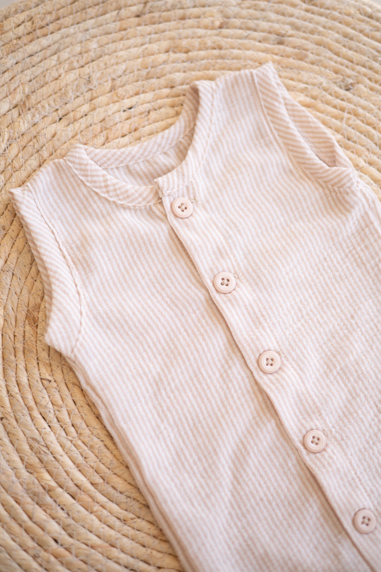 Hunter Romper- Sand and White Stripes