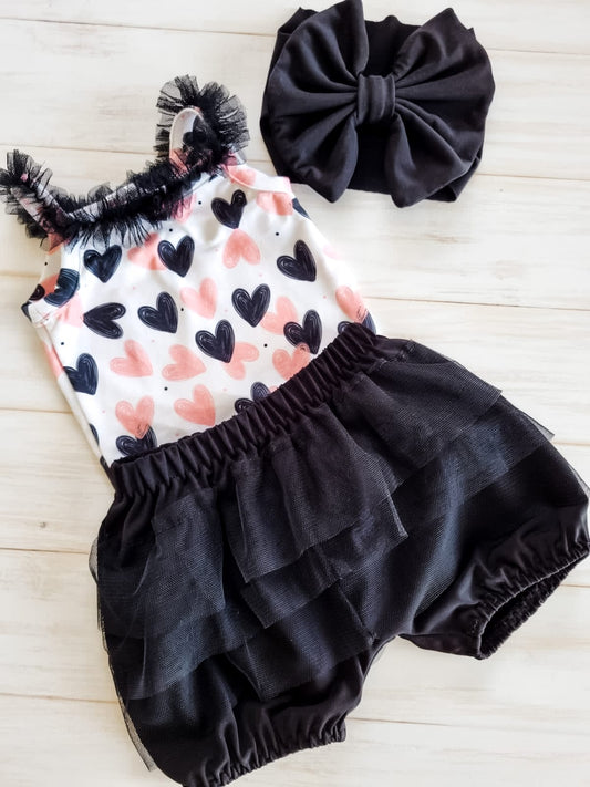 Girls 3 piece set- Black & Pink Hearts