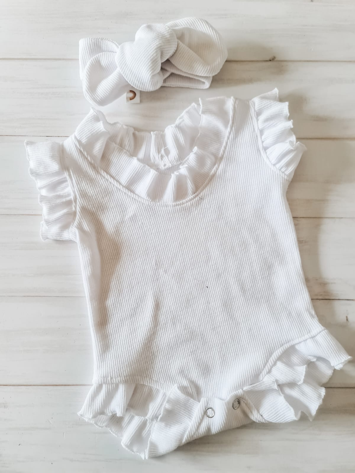 Ruffle Bodysuit- White Rib Knit