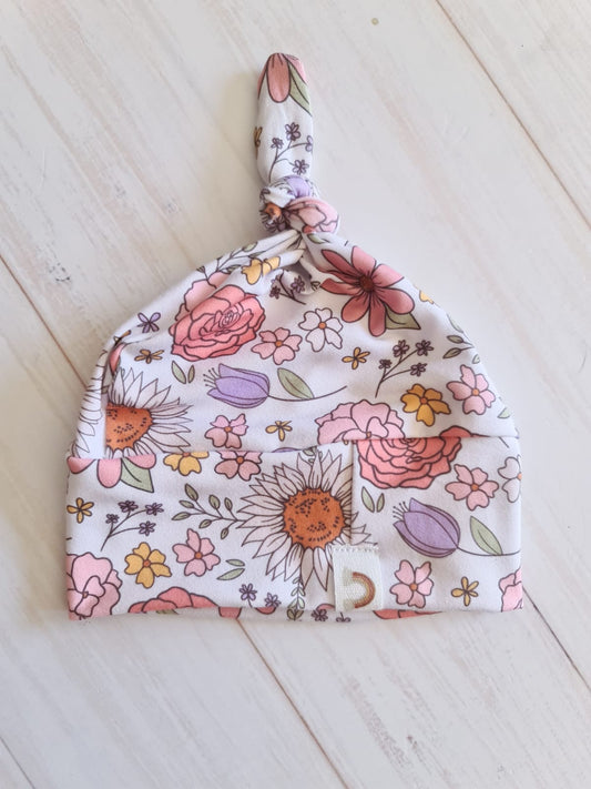 Tie Knot Beanie- Retro Flowers