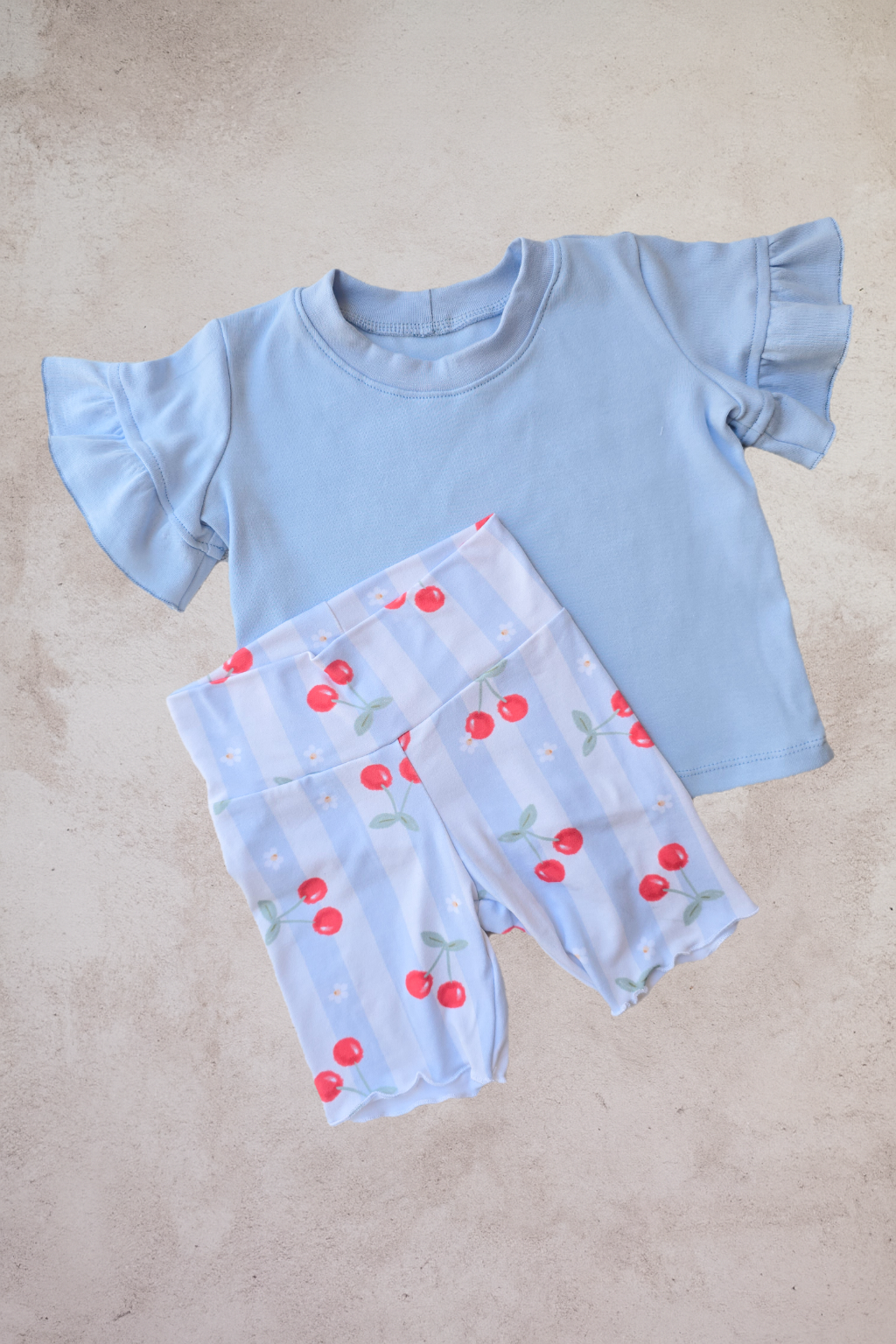 Girls Matching Cherry set with Coral Flutter Shirt