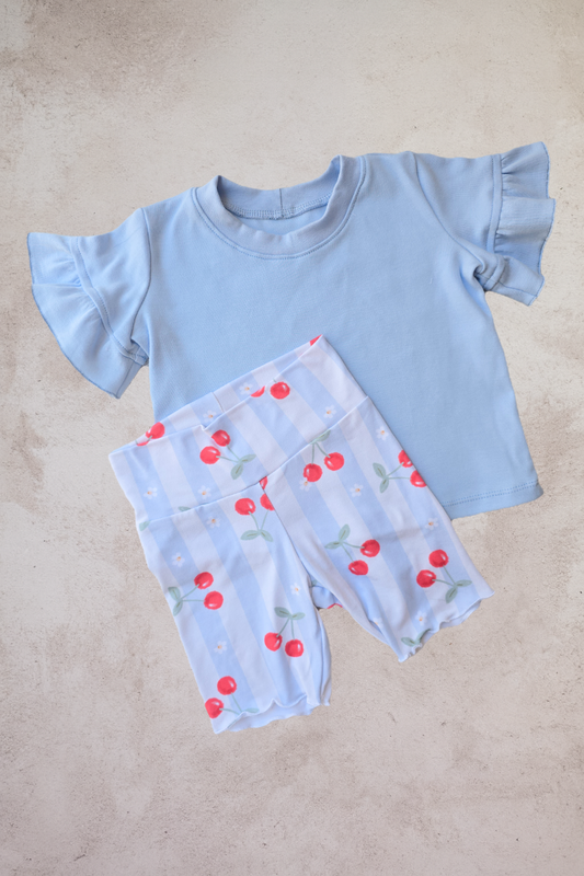 Girls Matching Cherry set with Coral Flutter Shirt
