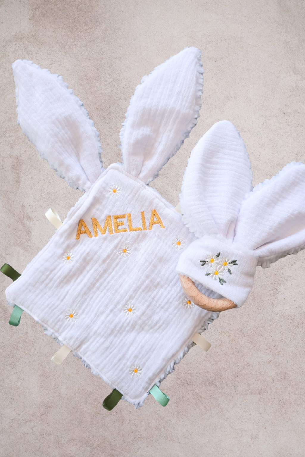 Bunny Ear Theether with Diasy Embroidered Detail
