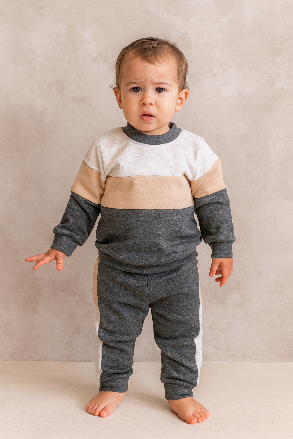 Color block Tracksuit set- Charcoal, Stone & Grey Melange