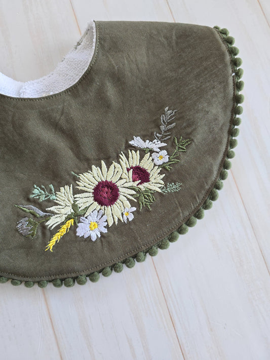 Round Bib- Olive with Sunflower embroidery