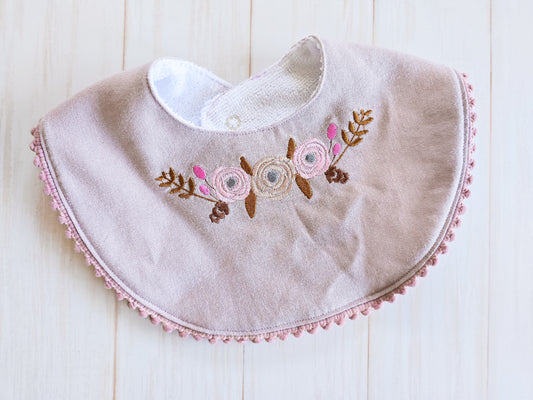 Round Bib- Mauve Linen Flower embroidery