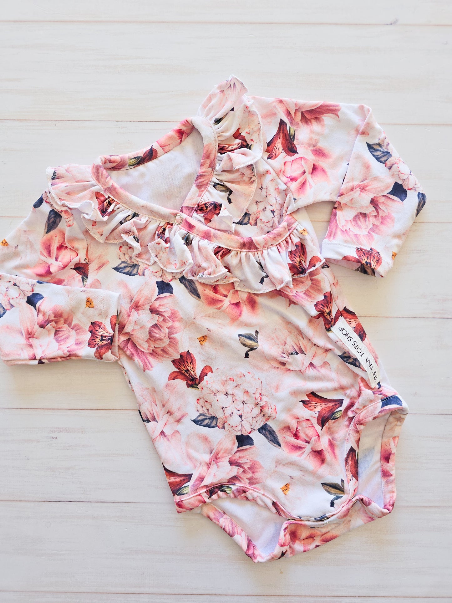 Cross Over Frilly Bodysuit- Pink and White Peonies