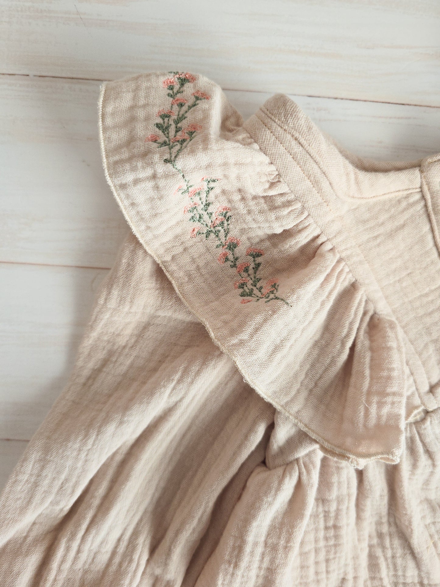 Emily Dress- Beige with floral Embroidery