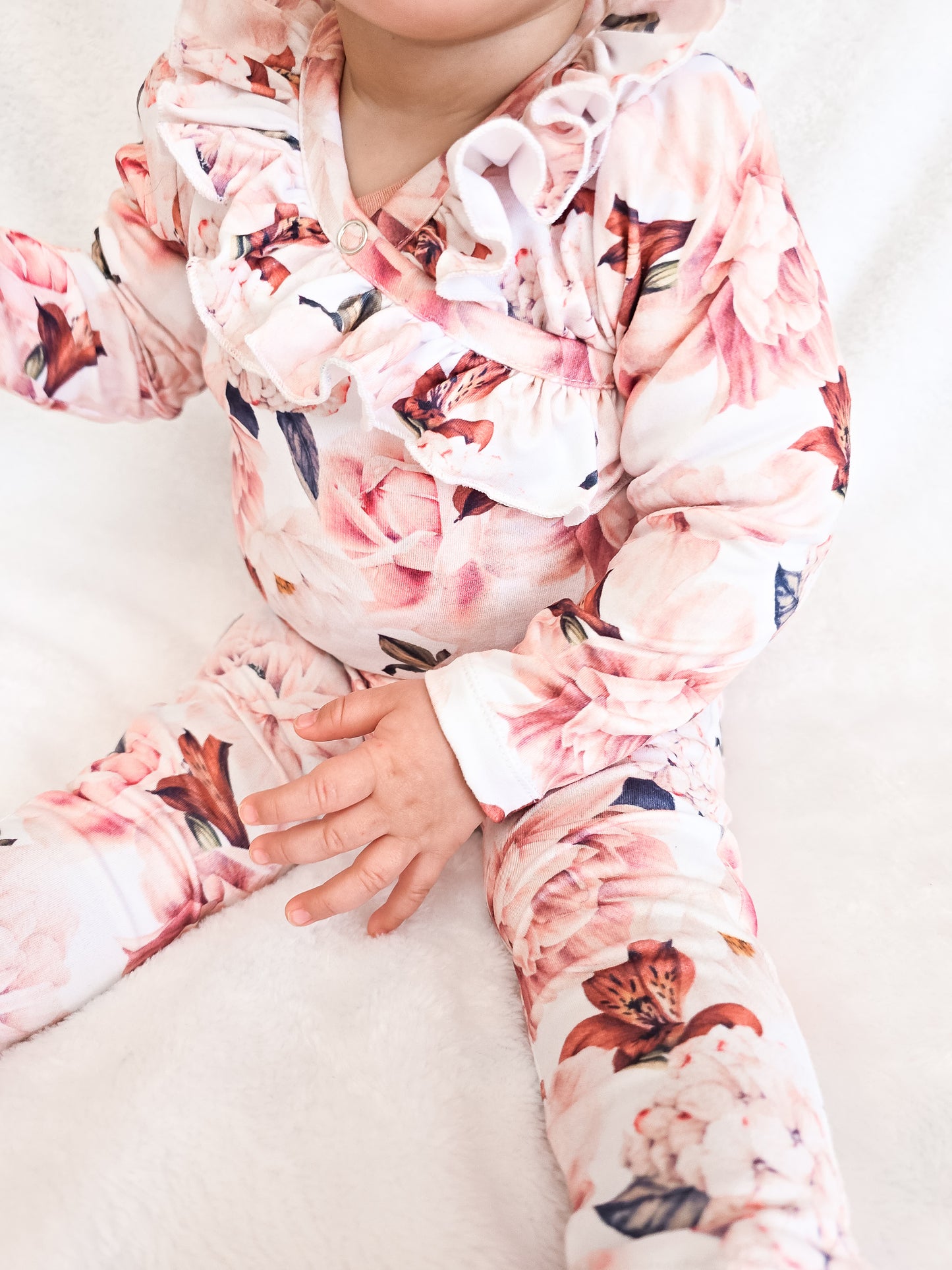 Cross Over Frilly Bodysuit- Pink and White Peonies