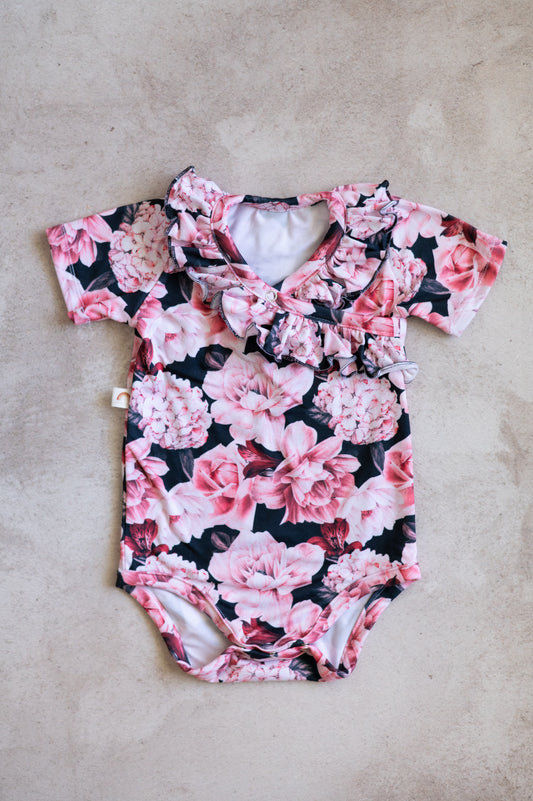 Cross Over bodysuit- Black and Pink Peonies