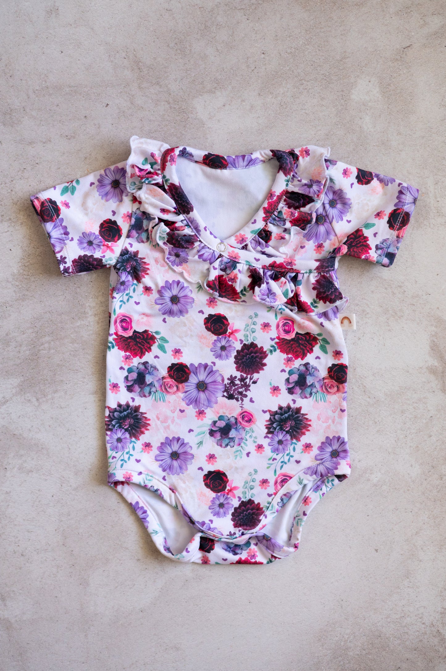 Cross Over Frilly Bodysuit- Purple Blooms