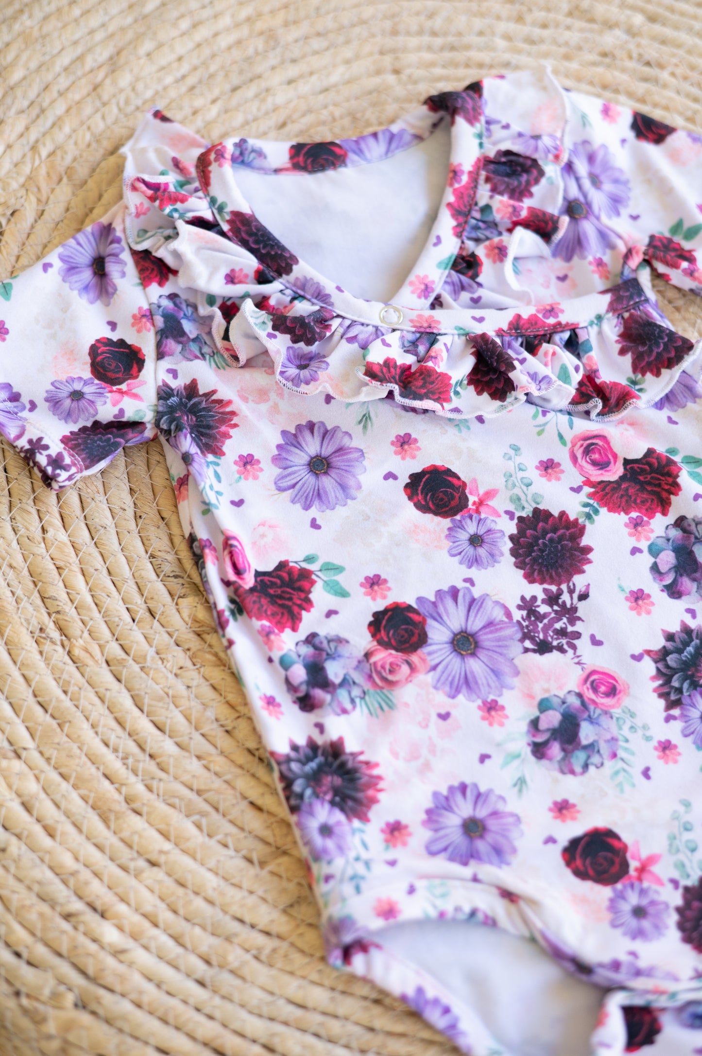 Cross Over Frilly Bodysuit- Purple Blooms