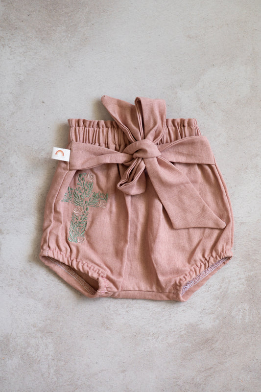 Lola Bloomers- Pink Linen with Cross embroidery