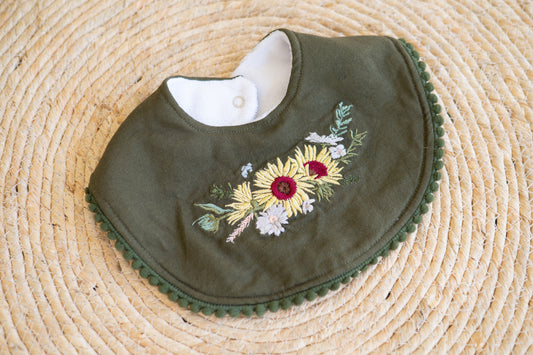 Round Bib- Olive with Sunflower embroidery