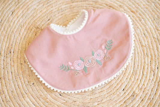 Round Bib- Mauve Linen Flower embroidery