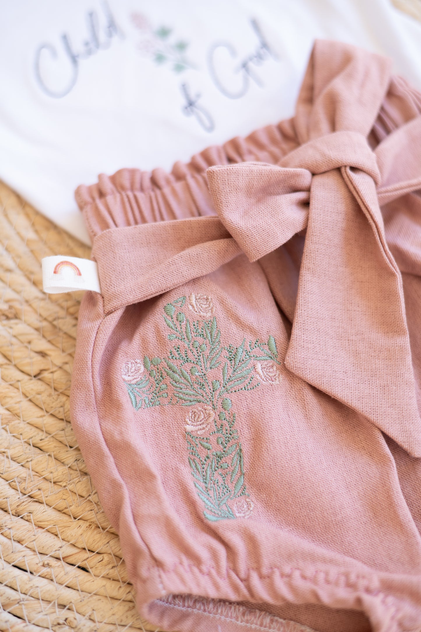 Lola Bloomers- Pink Linen with Cross embroidery