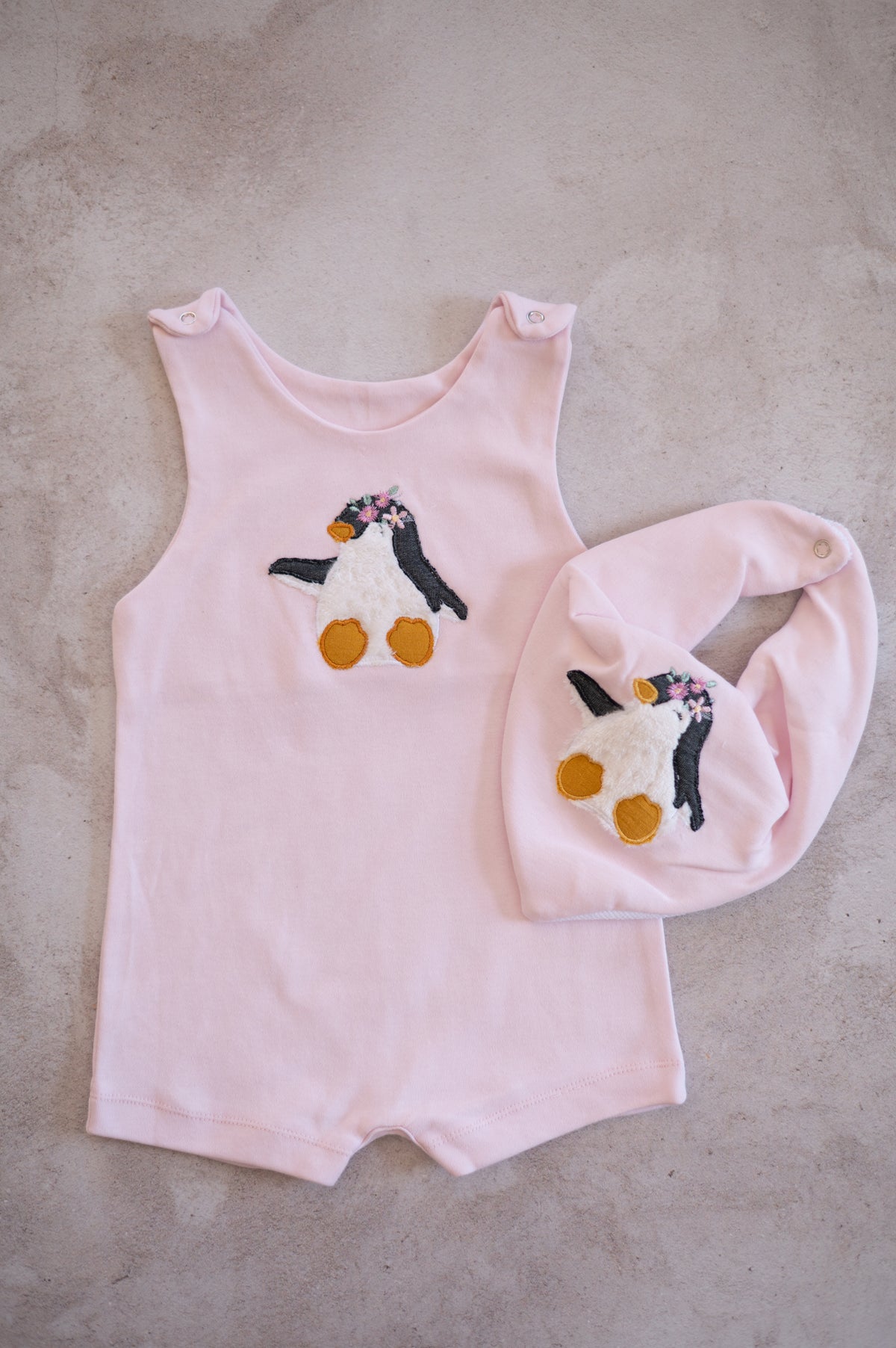Short Romper- Pink Penguin applique