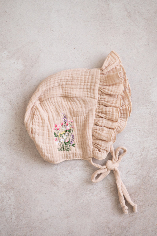 Embroidered Bonnet- Beige