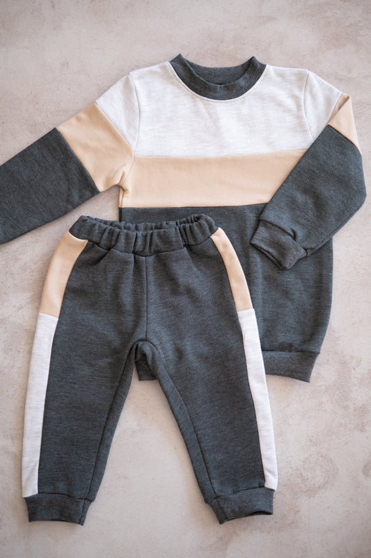 Color block Tracksuit set- Charcoal, Stone & Grey Melange