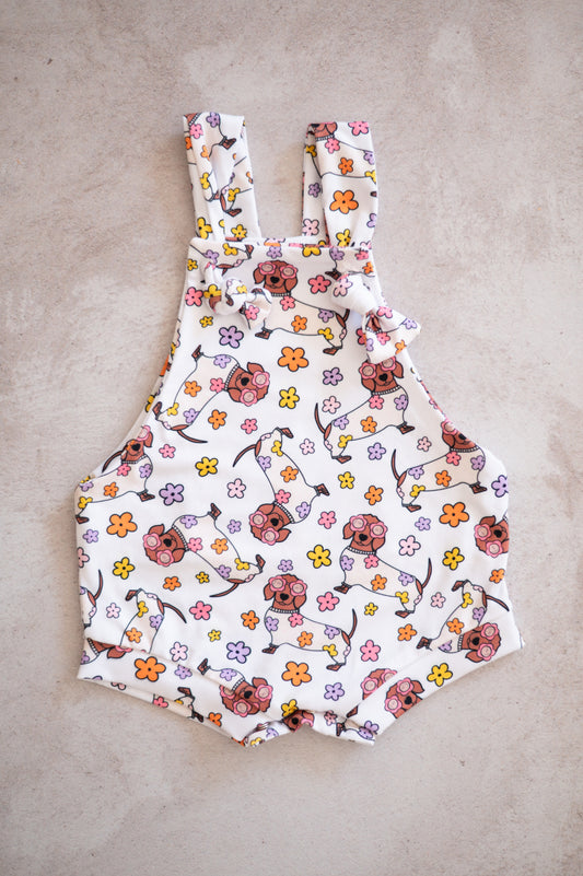 Overall Romper- Floral Duchshund
