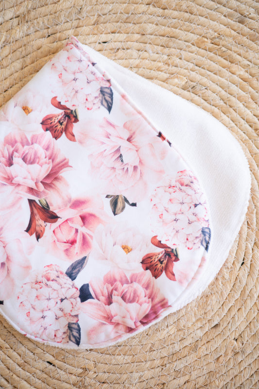 Burp Cloth- Pink and White Peonies (with absorbent toweling)