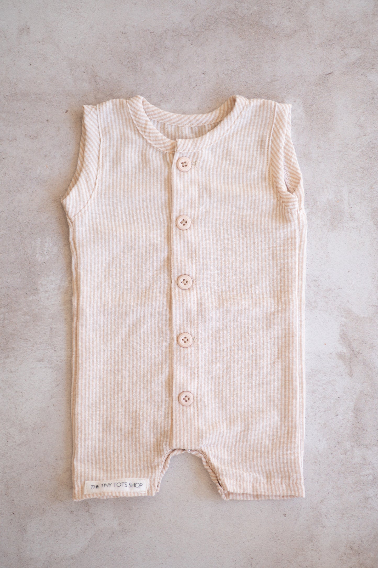 Hunter Romper- Sand and White Stripes