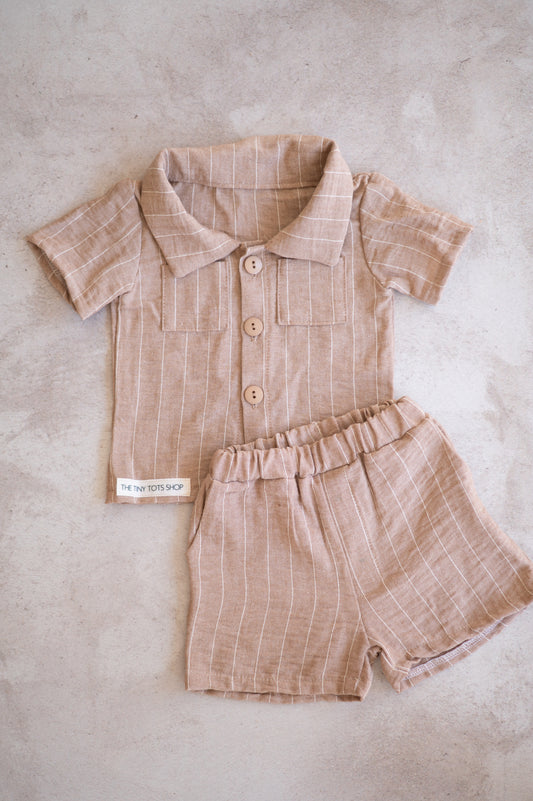 Boys Linen Set-Brown and White Stripes