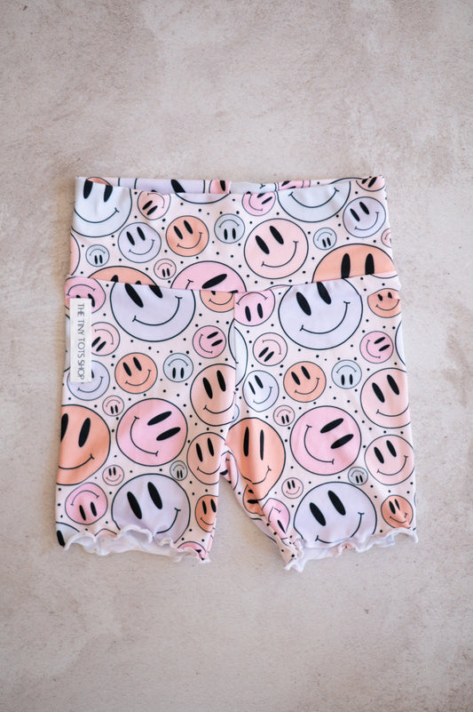 Girls Biker Shorts- Pastel Smileys