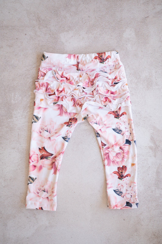 Frilly Bum Leggings- Pink and White Peonies