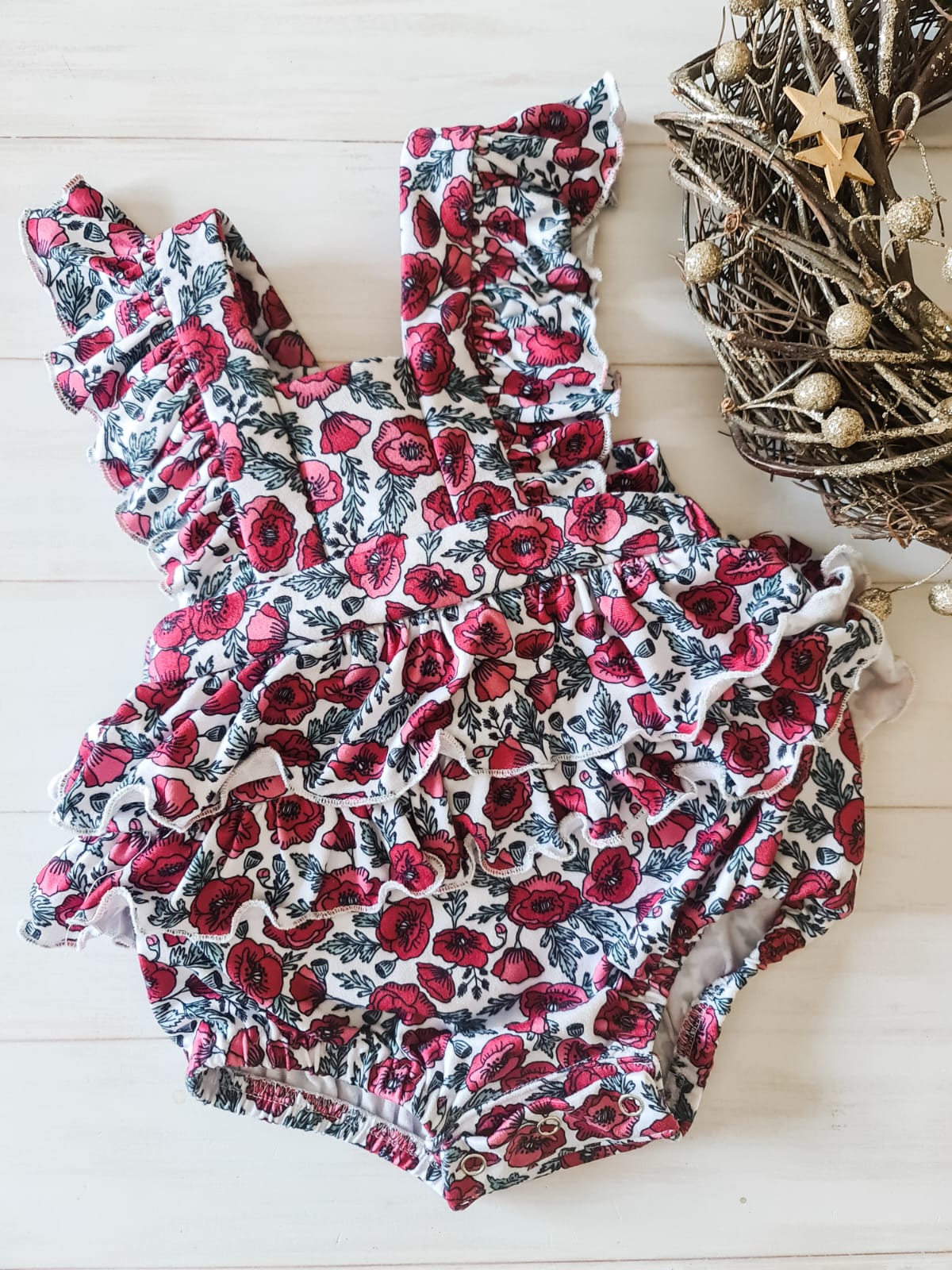 Frilly Romper- Christmas poppies
