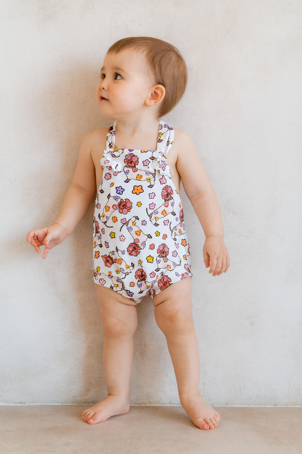 Overall Romper- Floral Duchshund