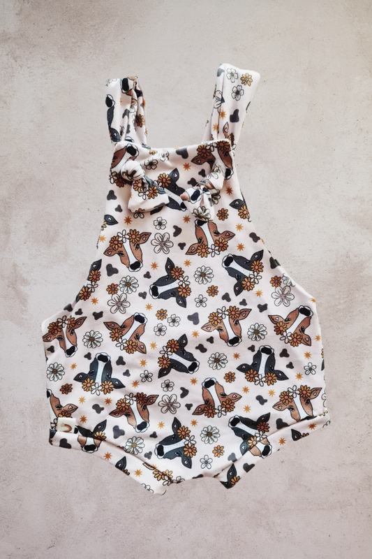 Overall Romper- Meadow Cows
