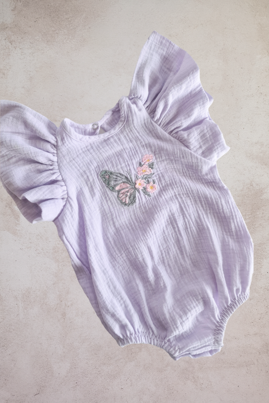 Purple Swan romper with Butterfly Embroidery