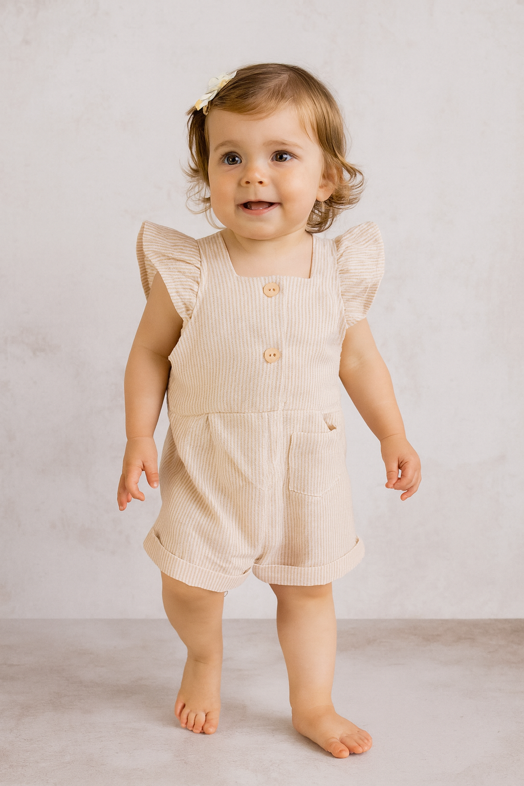 Kayla Romper-Beige and White Stripes