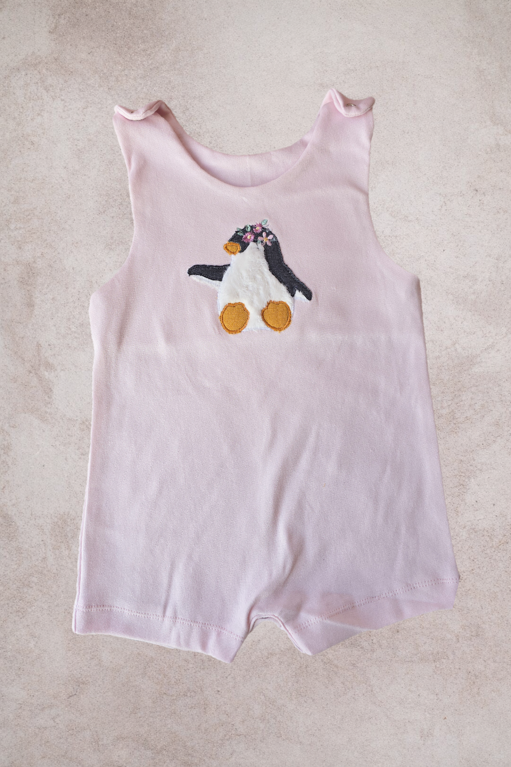Short Romper- Pink Penguin applique