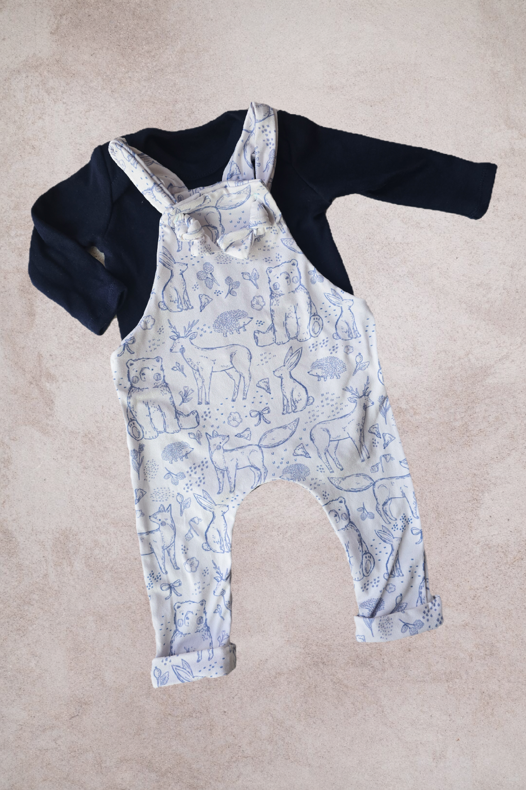 Overall romper w Navy Bodysuit/Shirt- Toille Woodlands