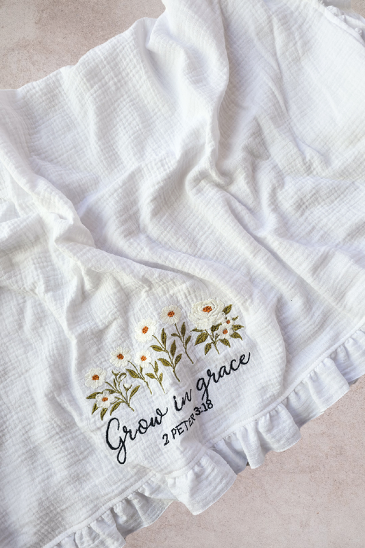 Grow in Grace Frilly Embroidered Blanket
